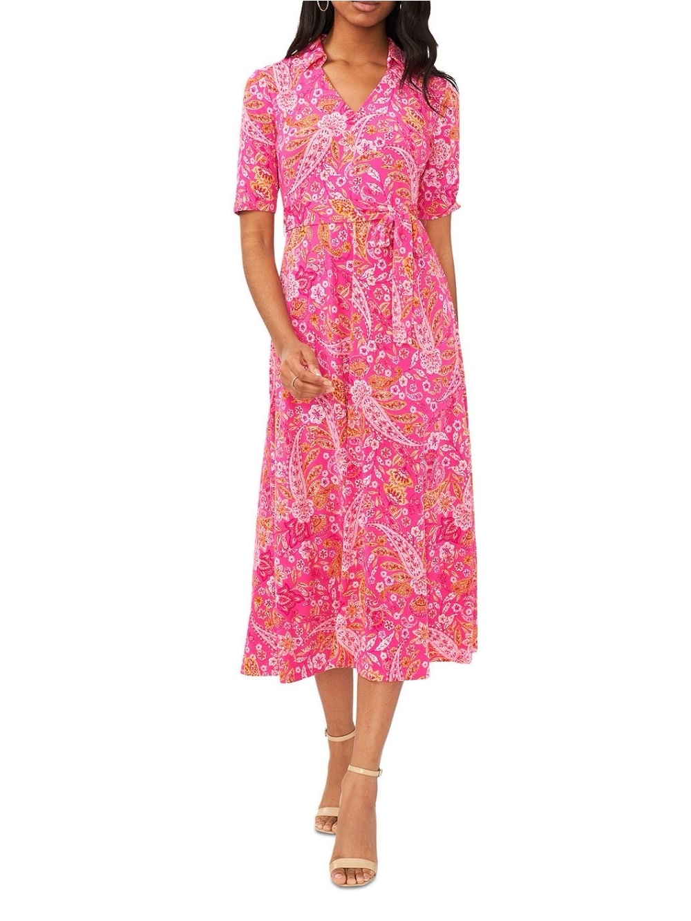New with tag MSK Pink & Orange Paisley Tie-Waist Maxi Dress size large
